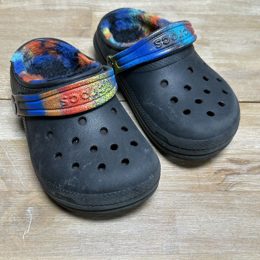 Crocs Classic Lined Slip-on Spray Dye Black Clogs Unisex Kids US Size 10 Tie Dye